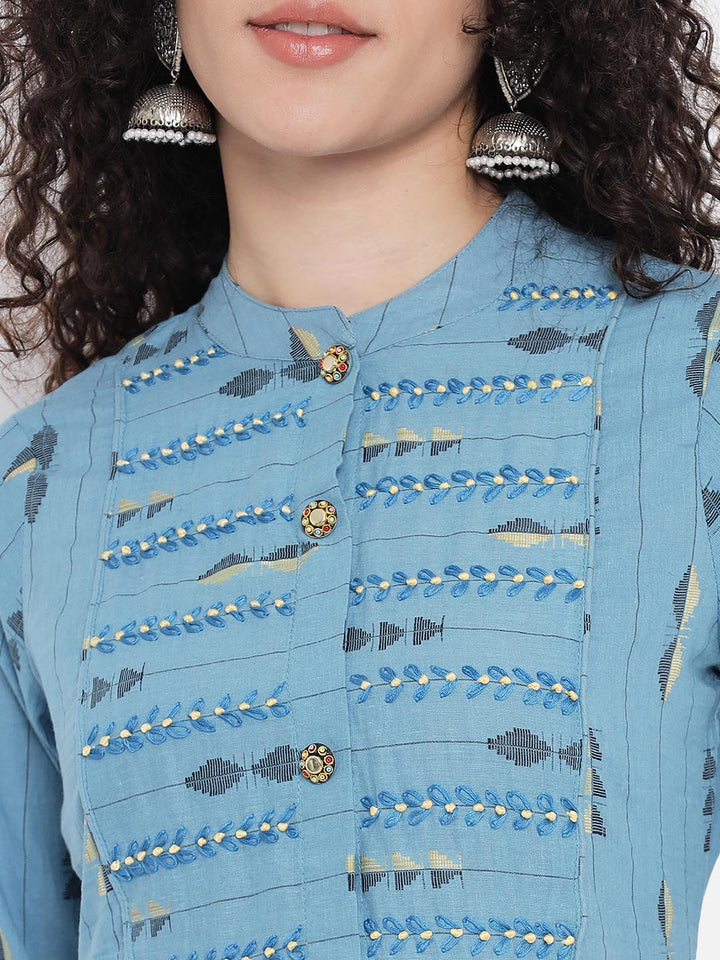 Women's Sky Blue Kantha Embroidered Kurta