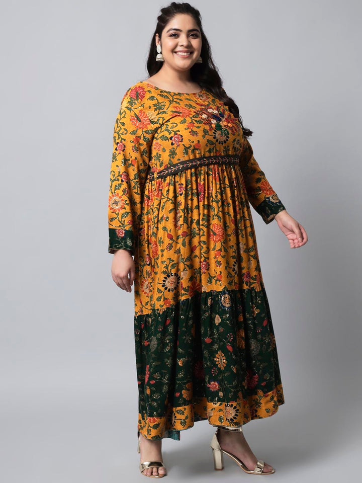 Women's Mustard Rayon Anarkali Dress