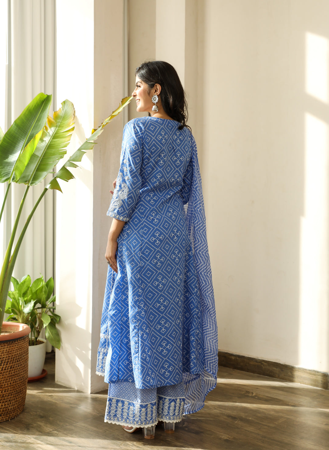 Blue Color Cotton Cambric Anarkali Women's Kurta Palazzo and Dupatta Set