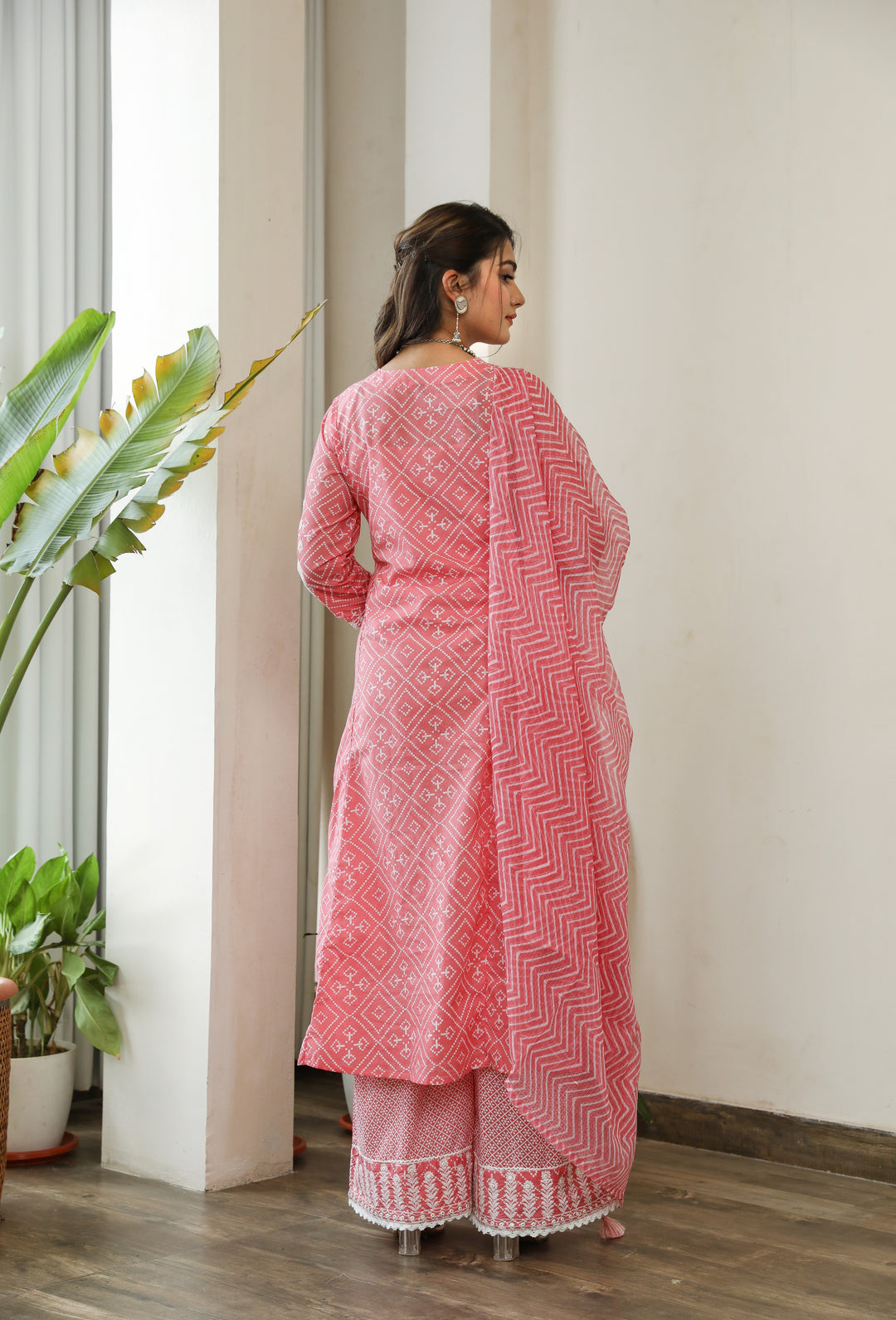 Pink Color Cotton Cambric Anarkali Women's Kurta Palazzo and Dupatta Set
