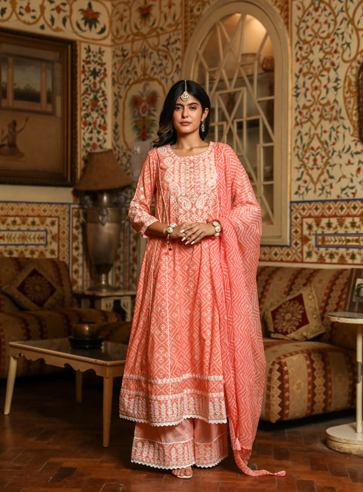 Peach Color Cotton Cambric Anarkali Women's Kurta Palazzo and Dupatta Set