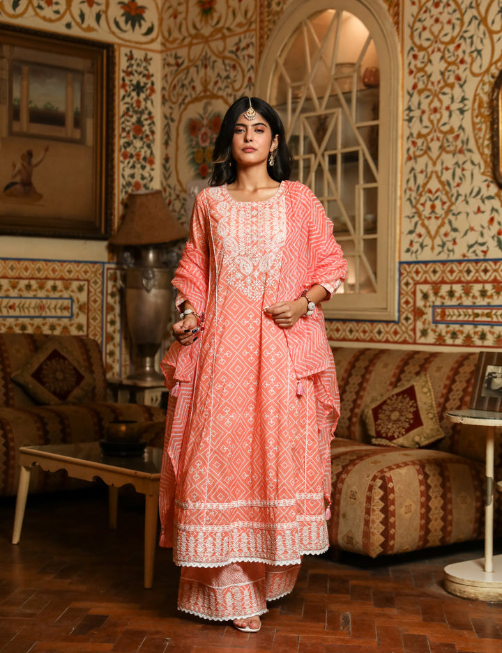 Peach Color Cotton Cambric Anarkali Women's Kurta Palazzo and Dupatta Set