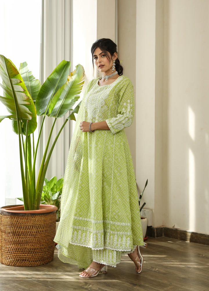 Parrot Green Color Cotton Cambric Anarkali Women's Kurta Palazzo and Dupatta Set