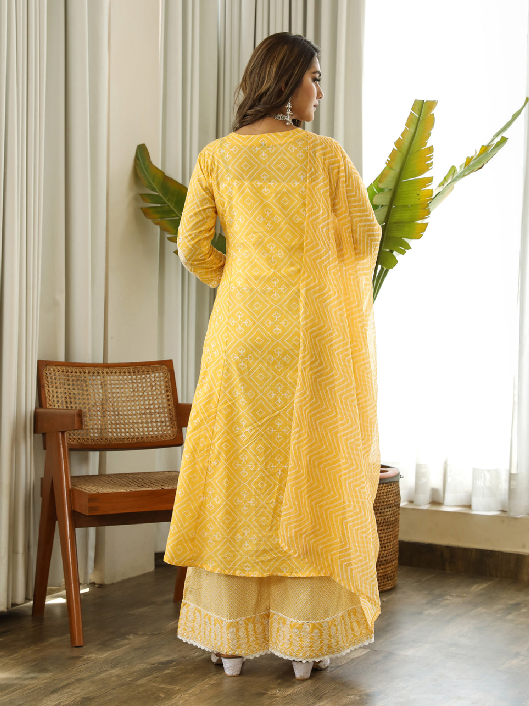 Nehamta Yellow Color Cotton Cambric Anarkali Women's Kurta Palazzo & Dupatta Set