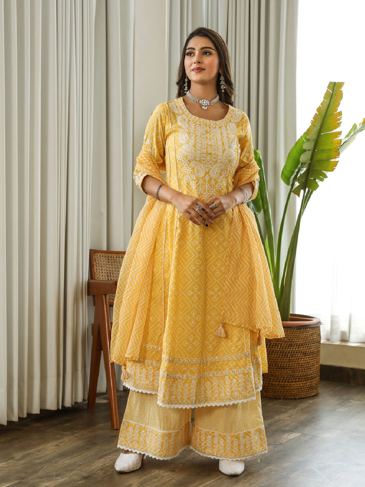 Nehamta Yellow Color Cotton Cambric Anarkali Women's Kurta Palazzo & Dupatta Set