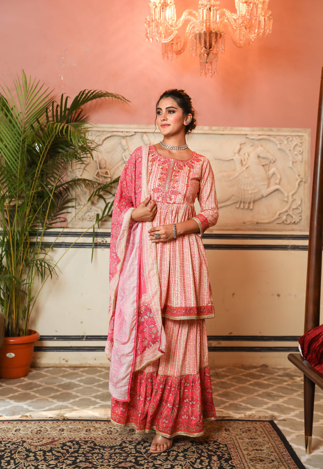 Pink Color Rayon A-line Women's Kurta Sharara and Dupatta Set