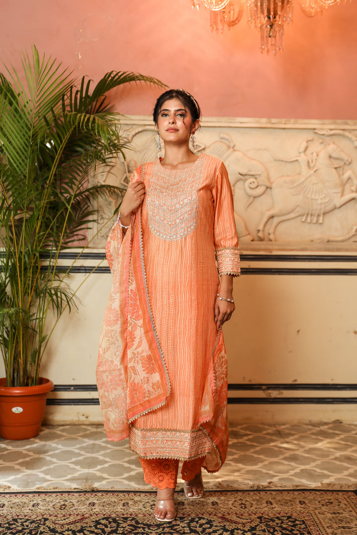 Orange Color Chanderi Straight Women's Kurta Trouser and Dupatta Set