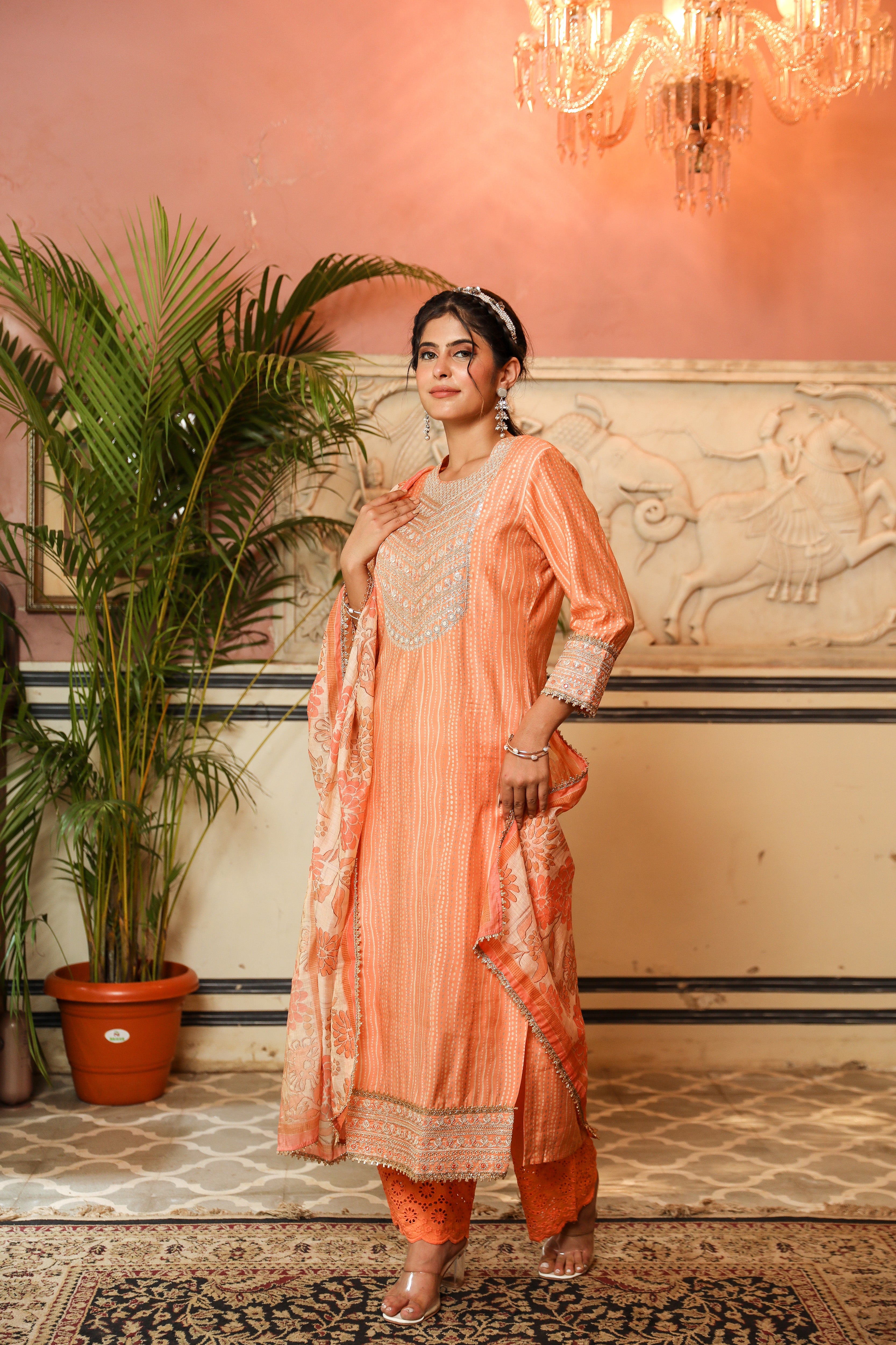 Buy Orange Poly Crepe Print Stripe V Pattern Asymmetric Kurta With Trouser  For Women by Adara Khan Online at Aza Fashions.