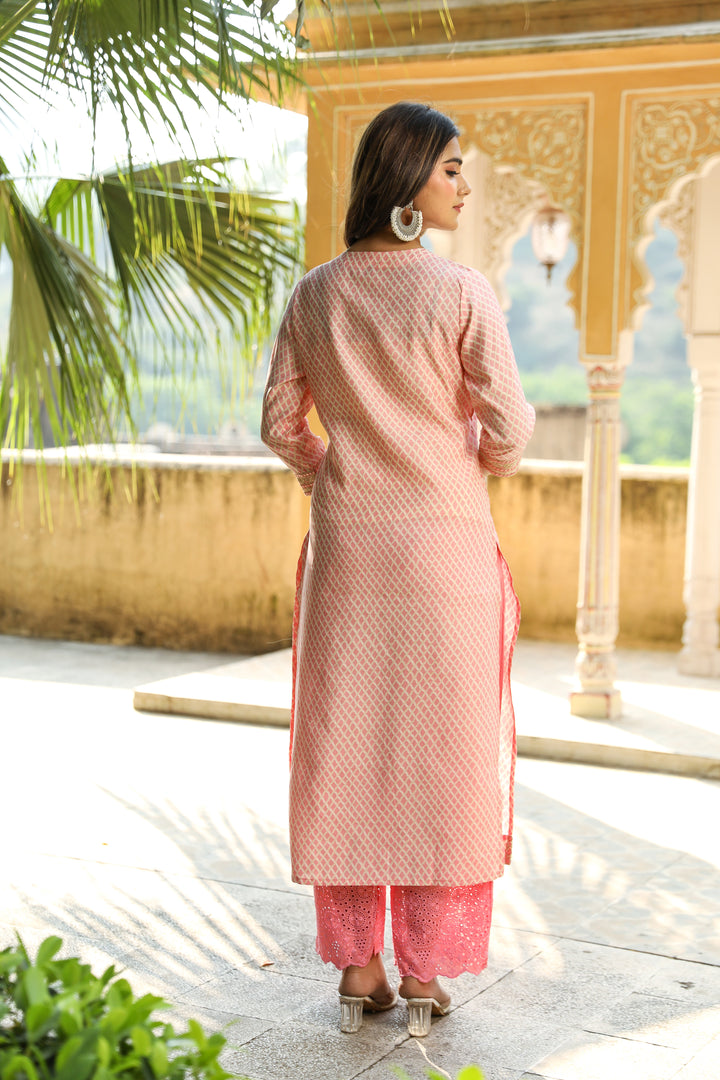 Baby Pink Color Chanderi Straight Women's Kurta Trouser and Dupatta Set