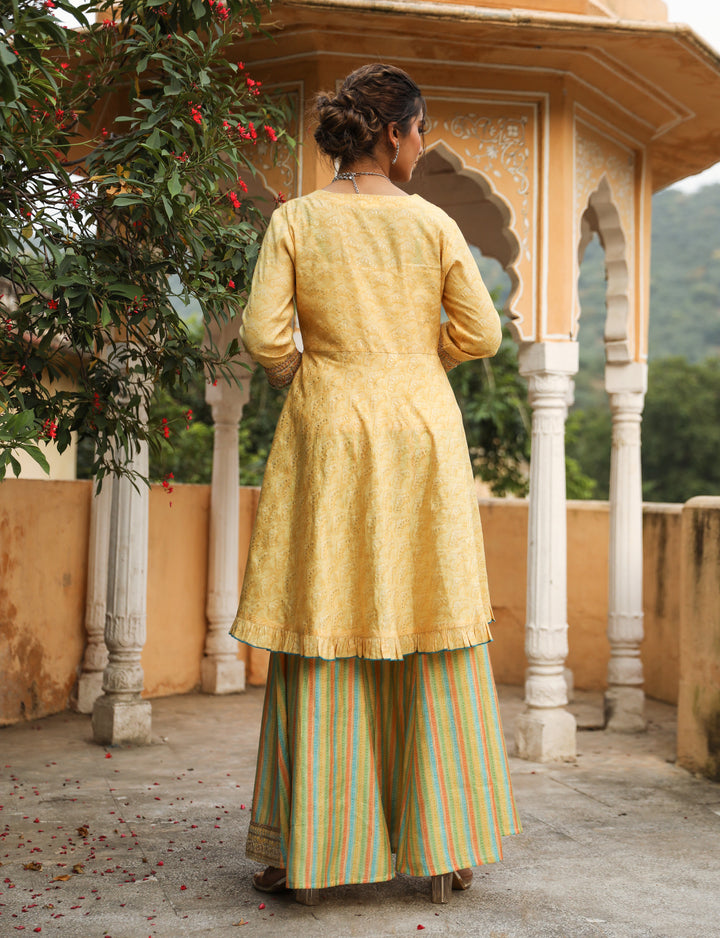 Yellow Color Chanderi A-line With Frill Women's Kurta Skirt Palazzo and Dupatta Set