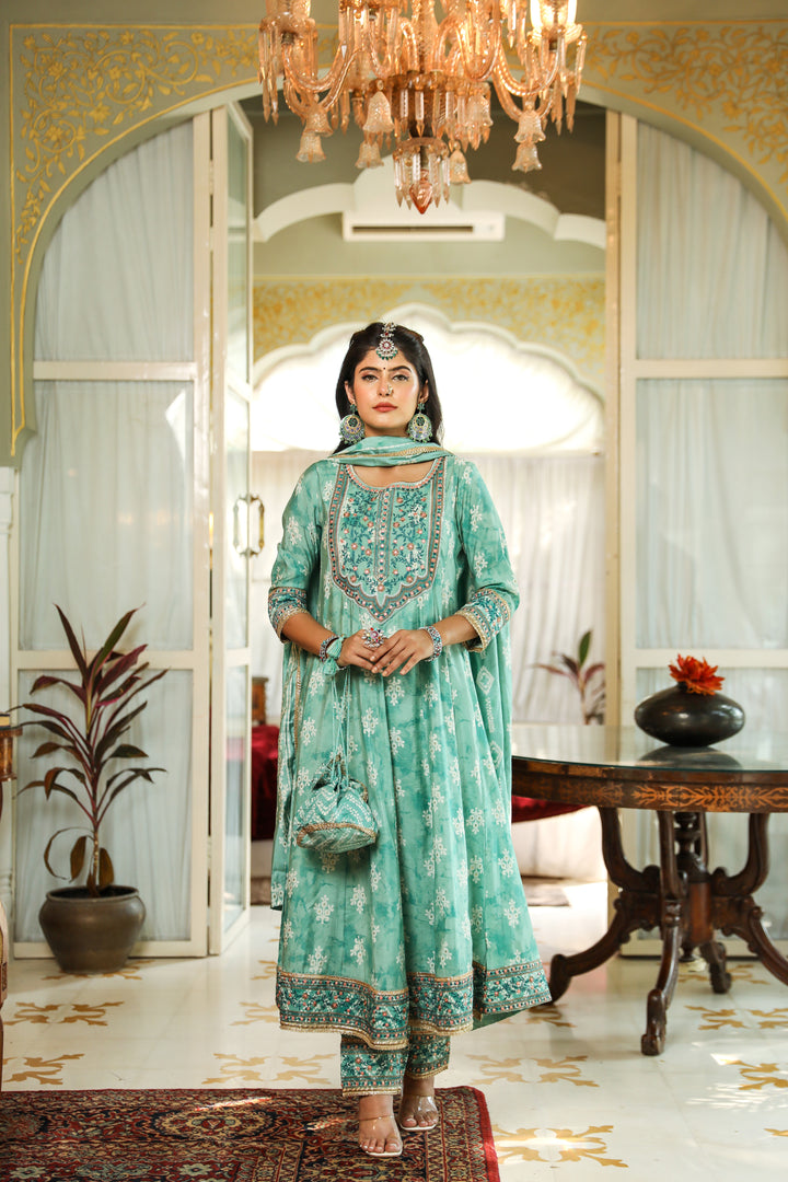 Mint Green Color Chanderi Anarkali Women's Kurta Pant and Dupatta Set