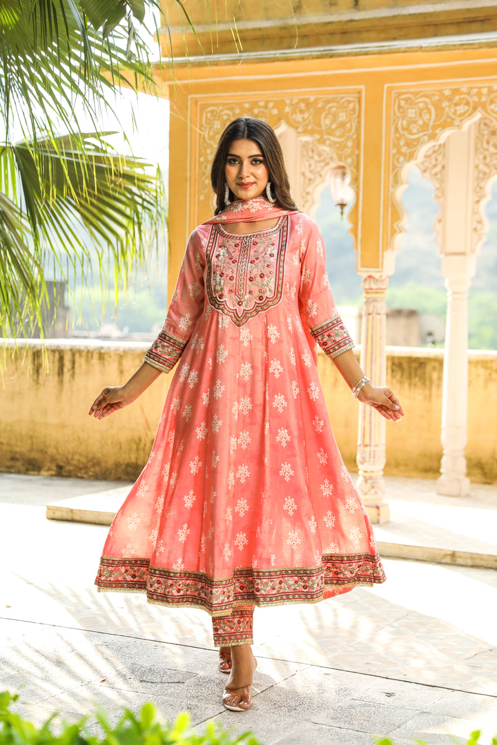 Pink Color Chanderi Anarkali Women's Kurta Pant and Dupatta Set