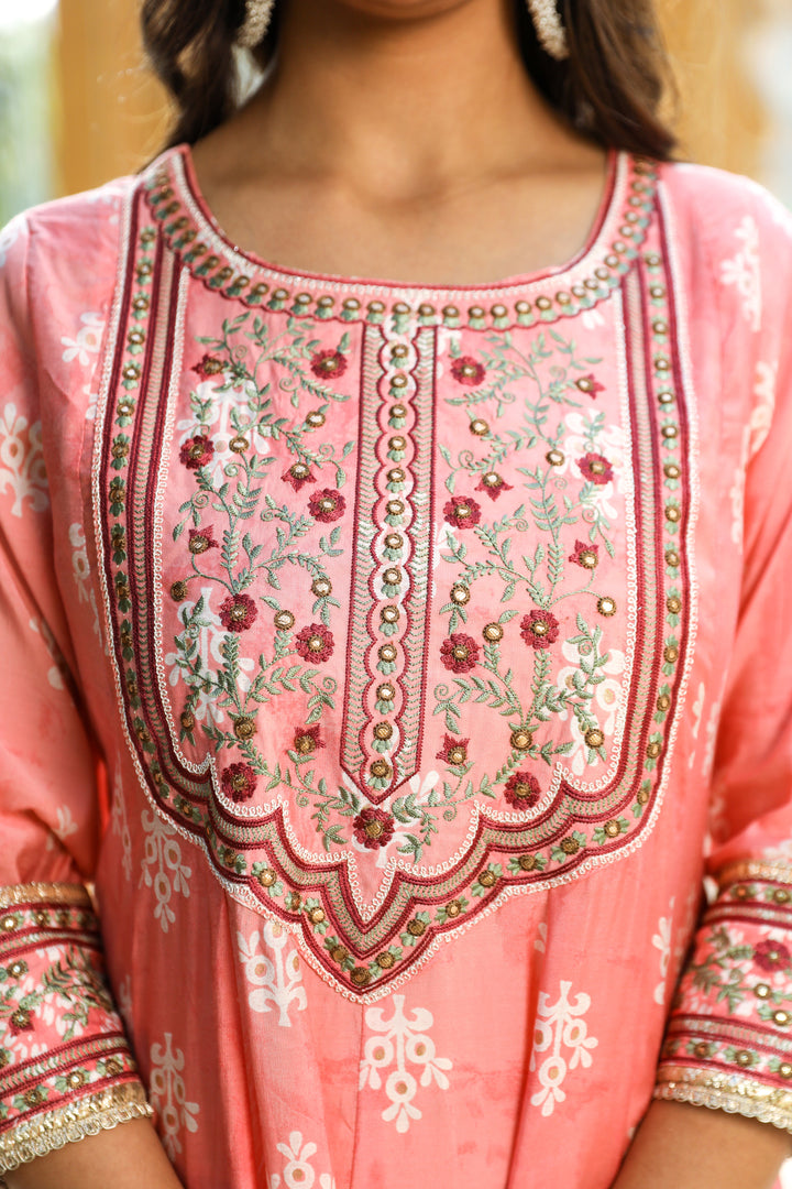 Pink Color Chanderi Anarkali Women's Kurta Pant and Dupatta Set
