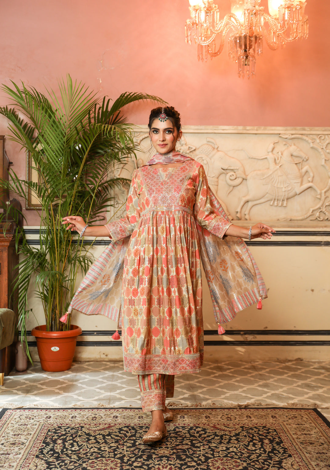 Multicolor Color Chanderi Nyara Cut A-Line Women's Kurta Trouser and Dupatta Set