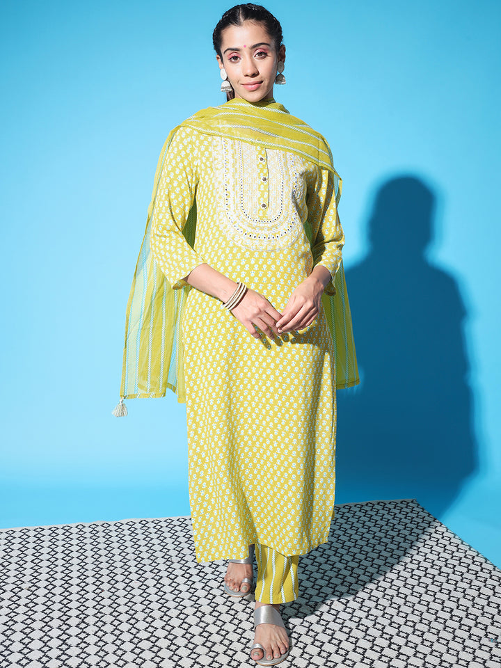 Lemon Green Color Rayon Straight Women's Kurta Trouser and Dupatta Set