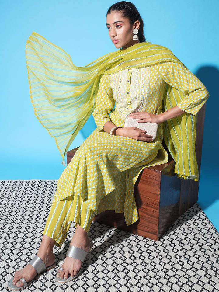 Lemon Green Color Rayon Straight Women's Kurta Trouser and Dupatta Set