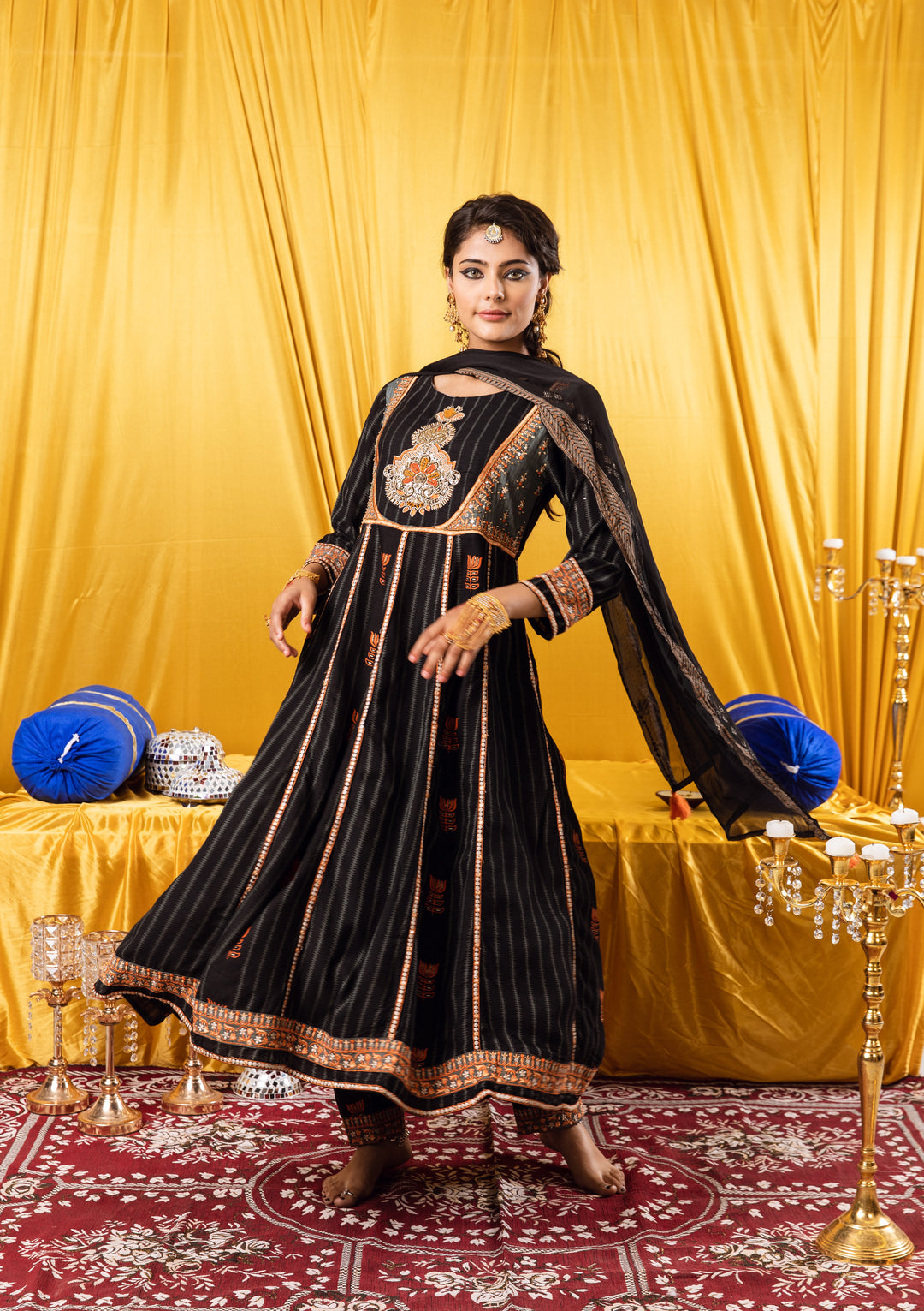 Nehamta Black Color Rayon Slub Anarkali Women's Kurta Trouser & Dupatta Set