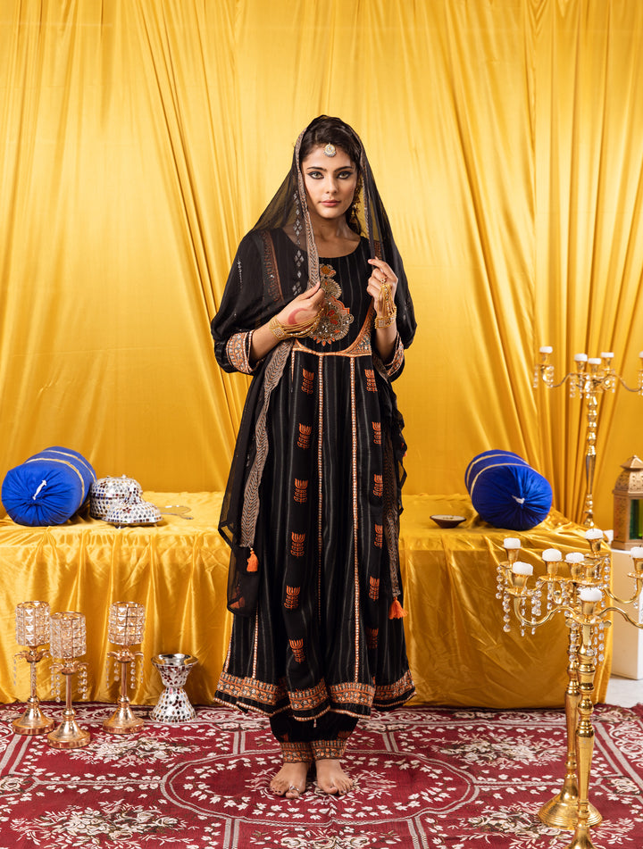 Nehamta Black Color Rayon Slub Anarkali Women's Kurta Trouser & Dupatta Set