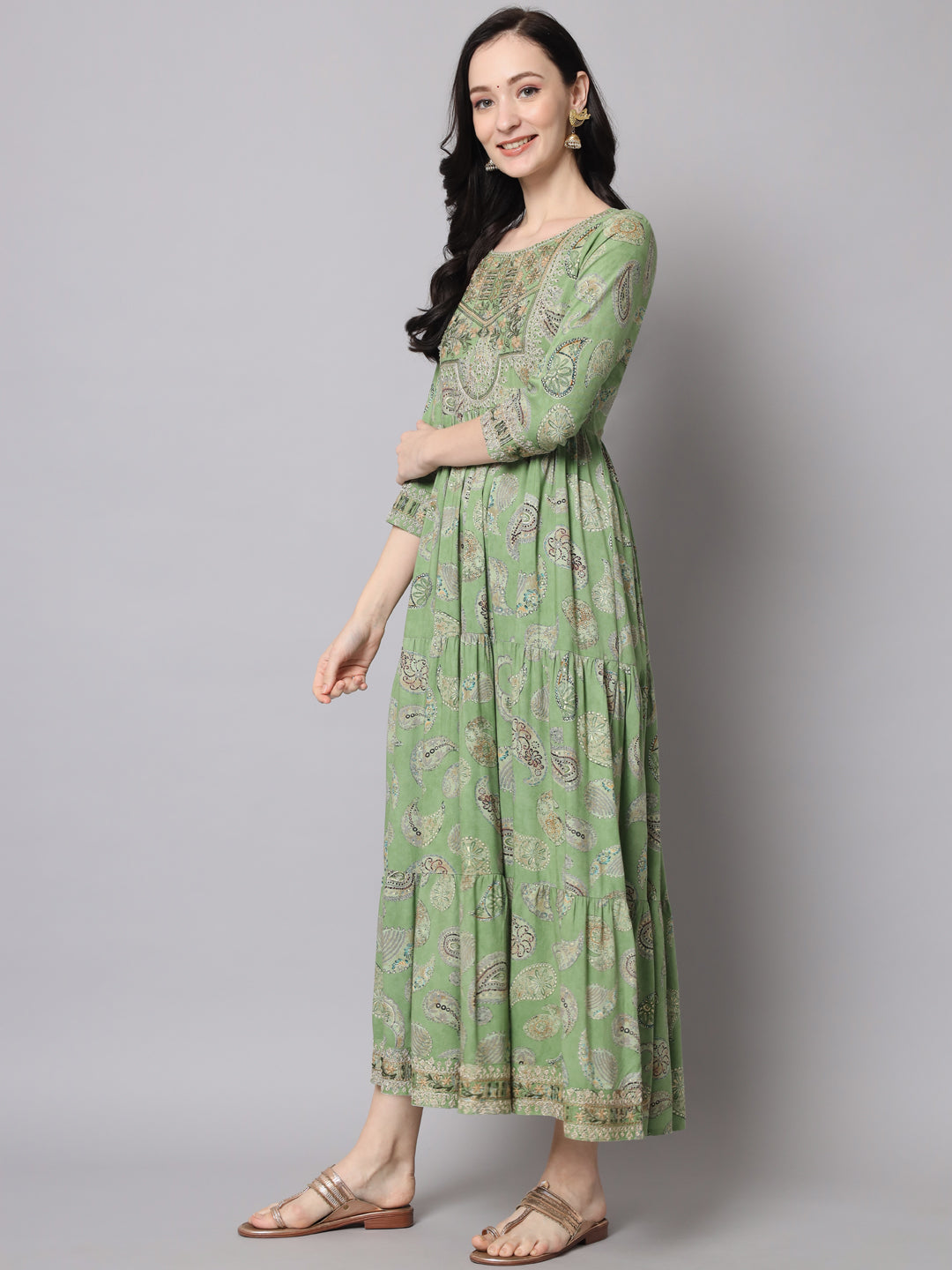 Women Green Rayon Tiered Gown