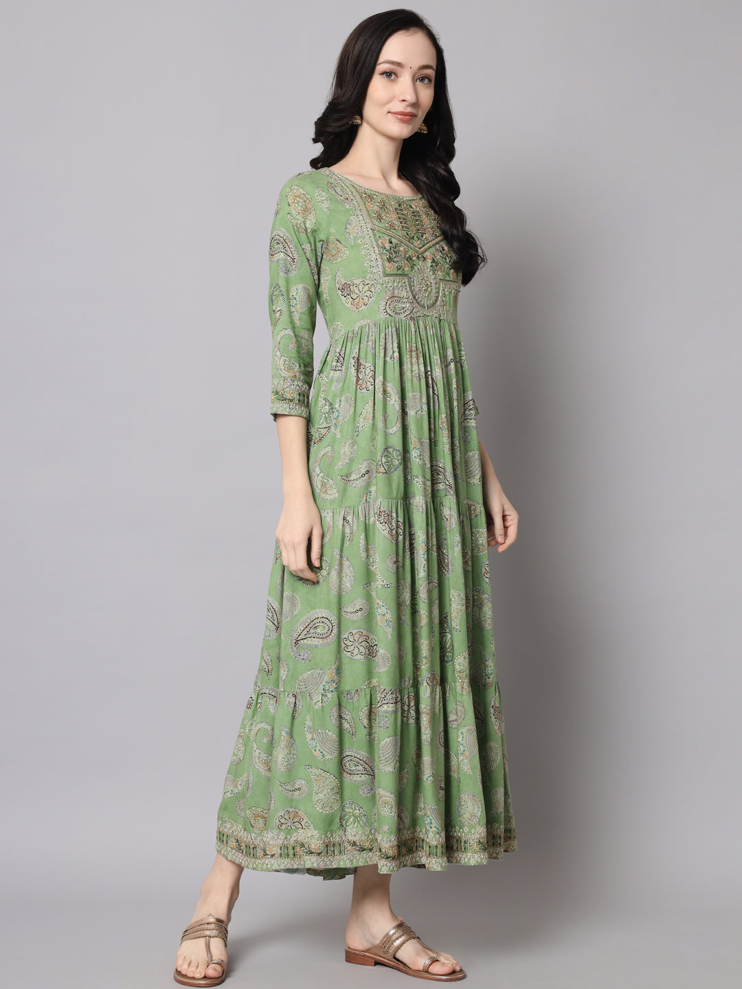 Women Green Rayon Tiered Gown