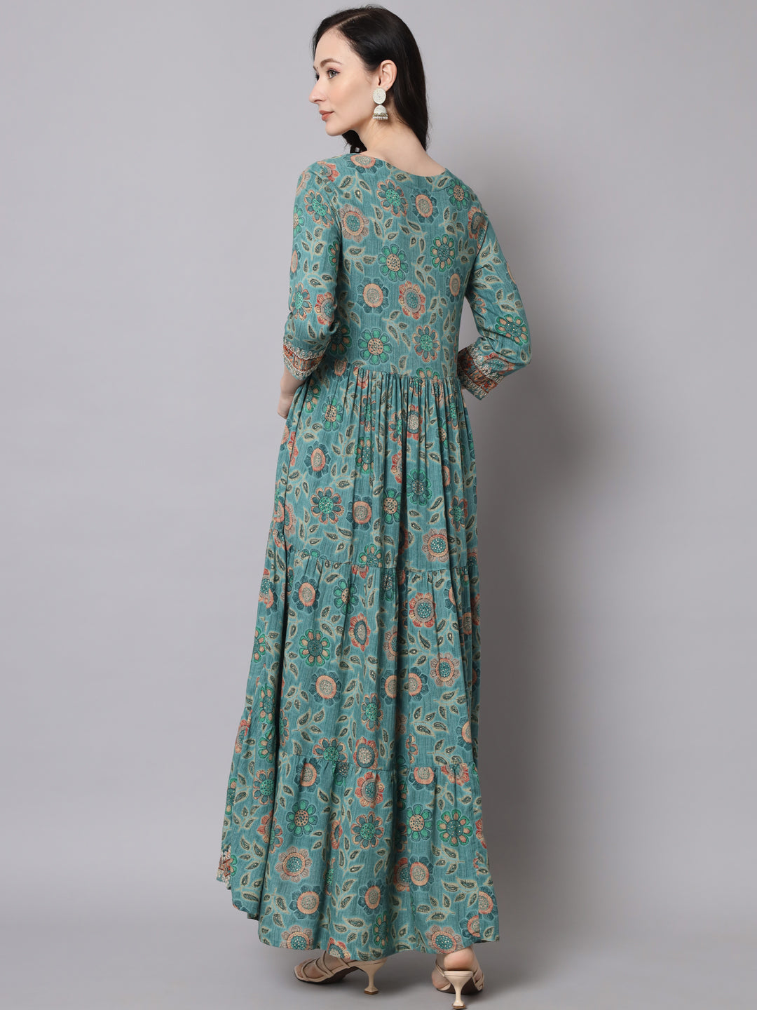 Women Mint Blue Rayon Tiered Gown