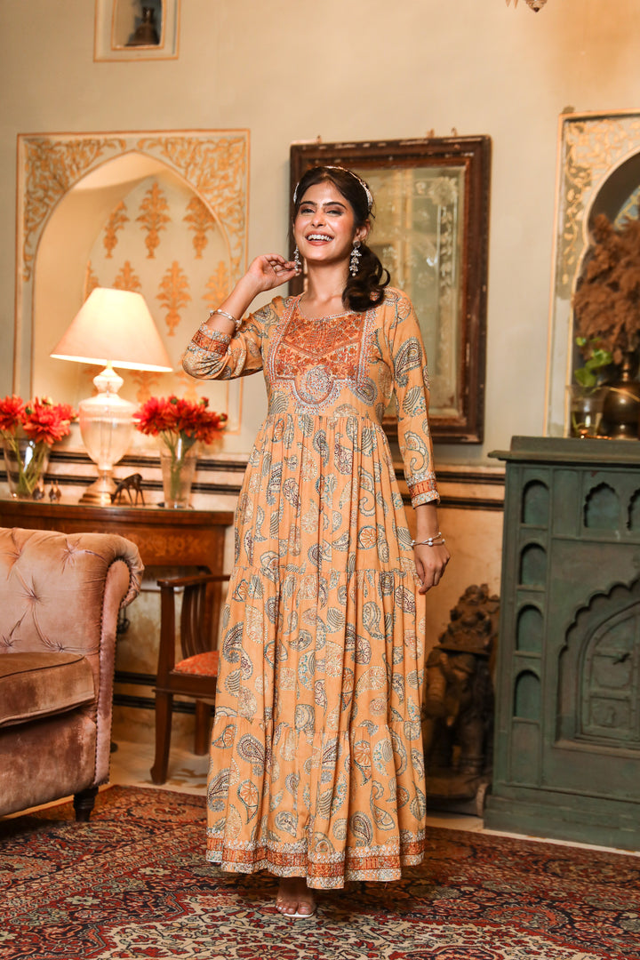 Women Mustard Rayon Tiered Gown