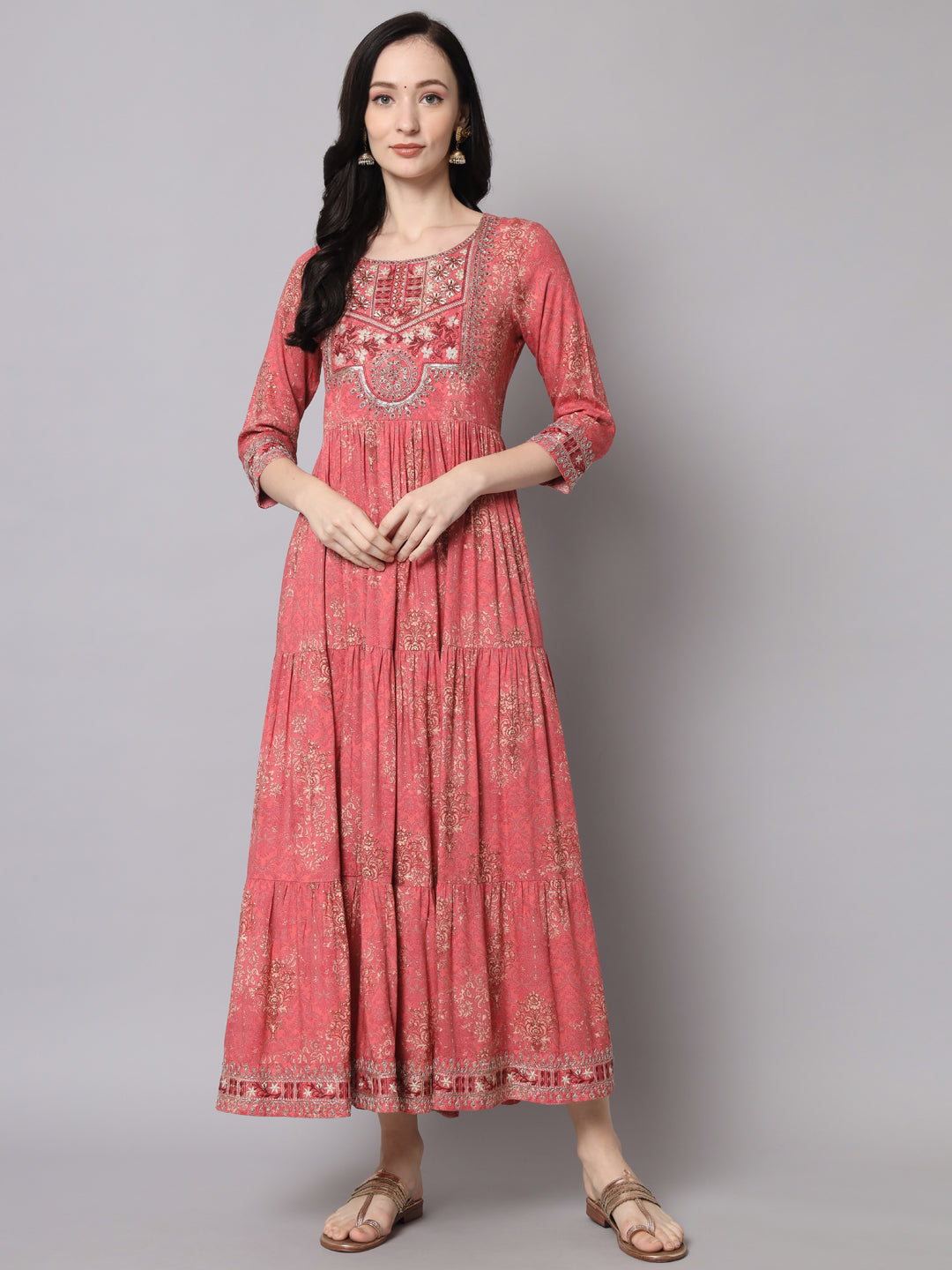 Women Pink Rayon Tiered Gown