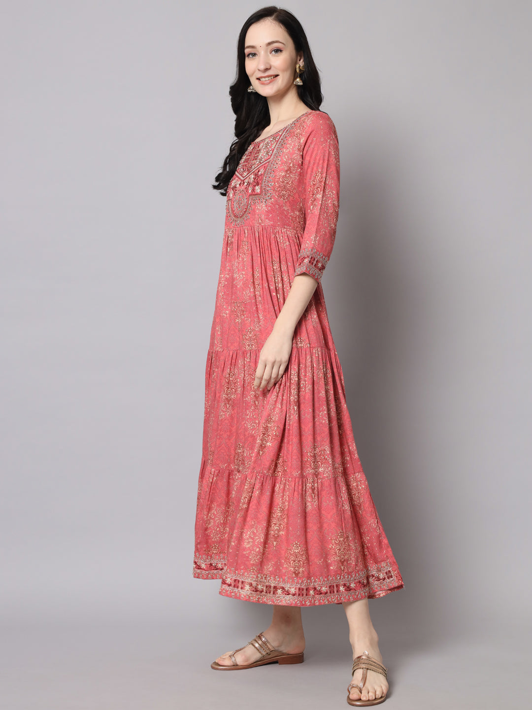 Women Pink Rayon Tiered Gown