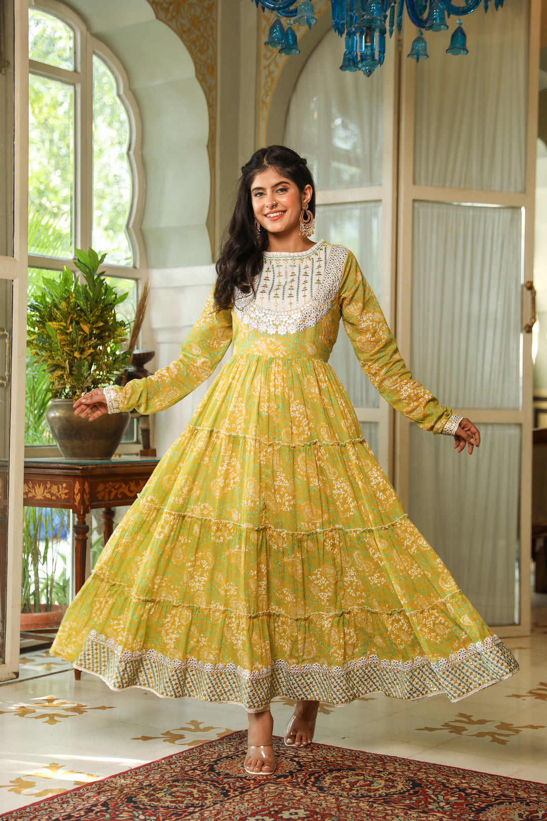 Women Lemon Green Mulmul Flared and Tiered Gown