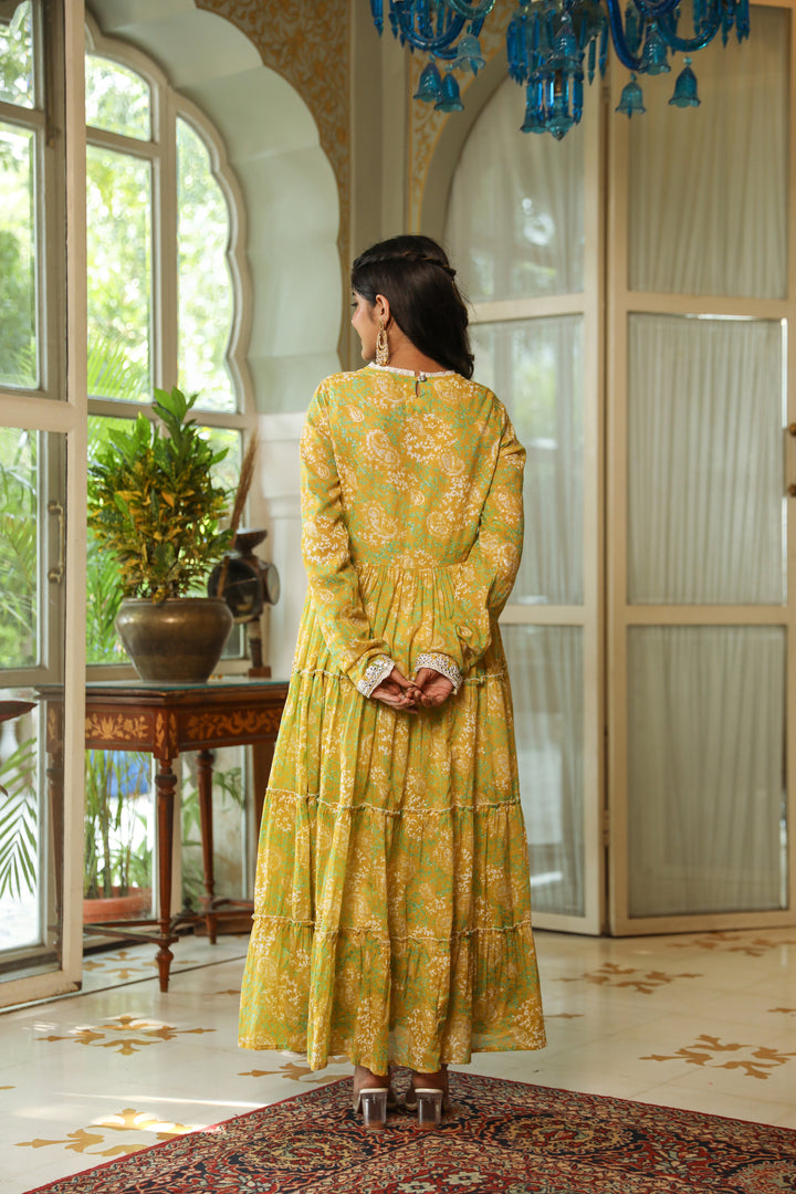 Women Lemon Green Mulmul Flared and Tiered Gown