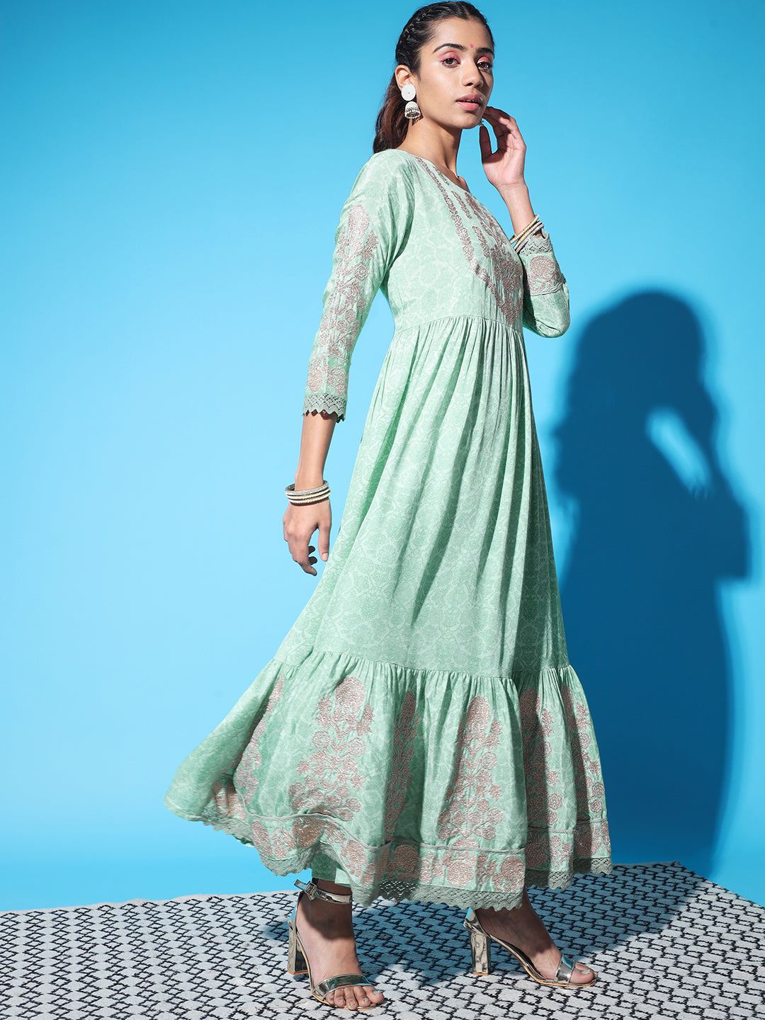 Women Mint Green Muslin Flared and Frill Gown