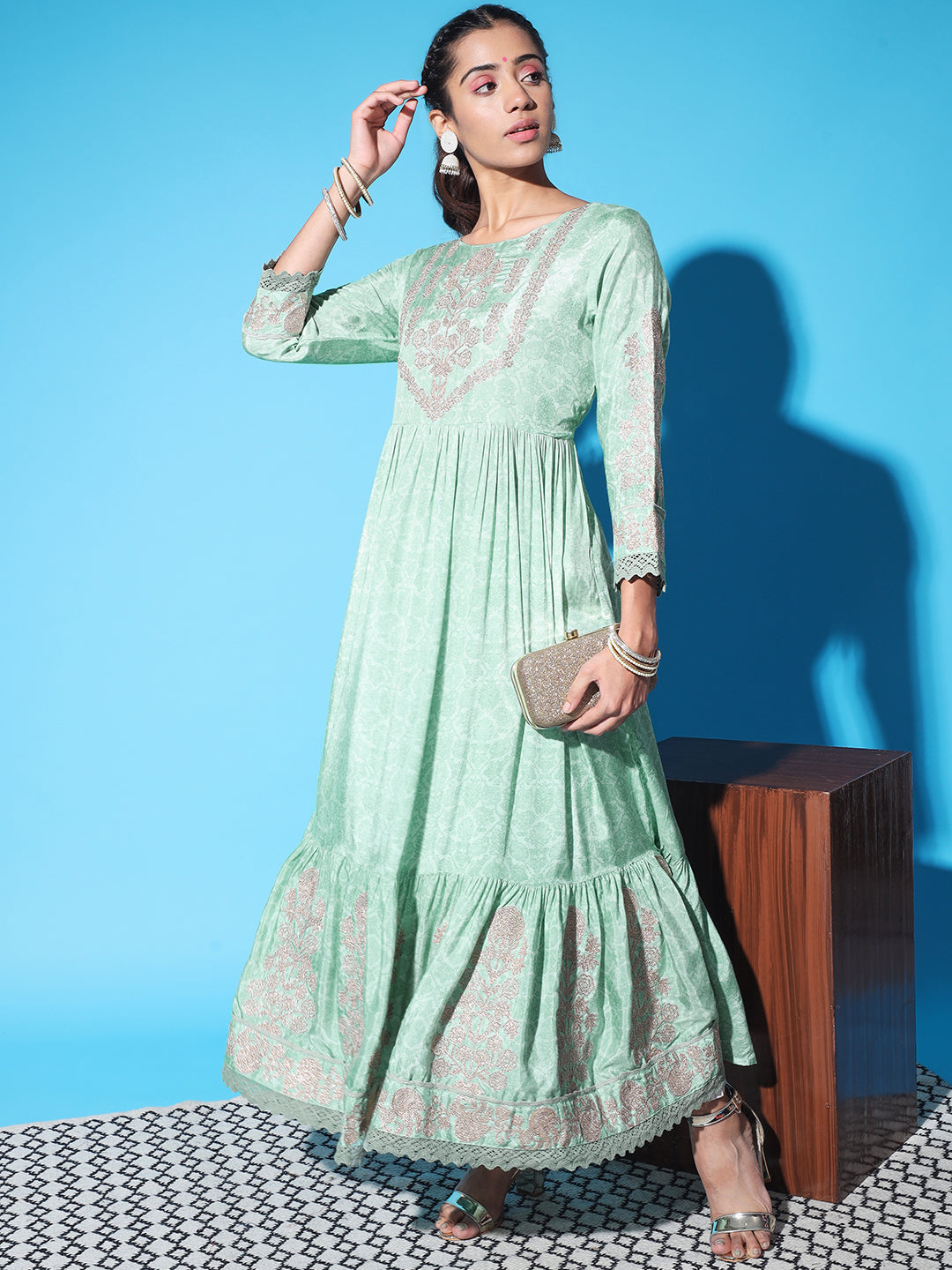 Women Mint Green Muslin Flared and Frill Gown
