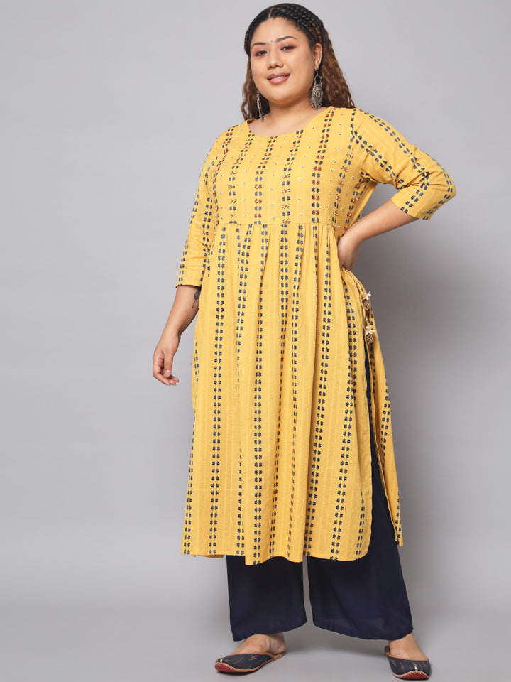 Women Woven Design Cotton Blend A-line Kurta (Yellow)