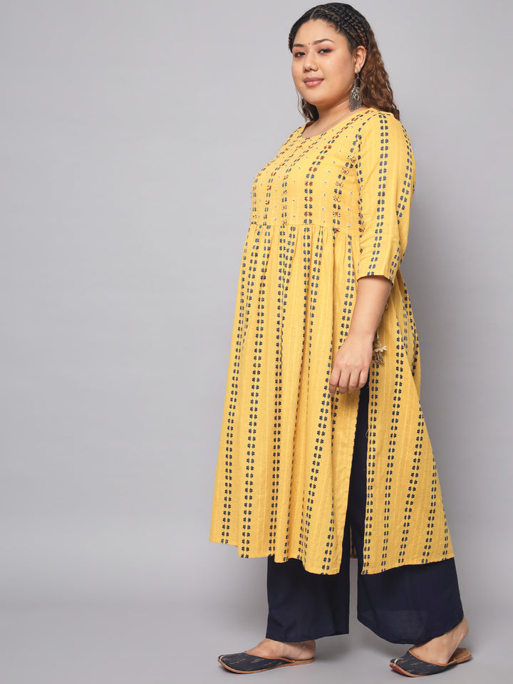 Women Woven Design Cotton Blend A-line Kurta (Yellow)