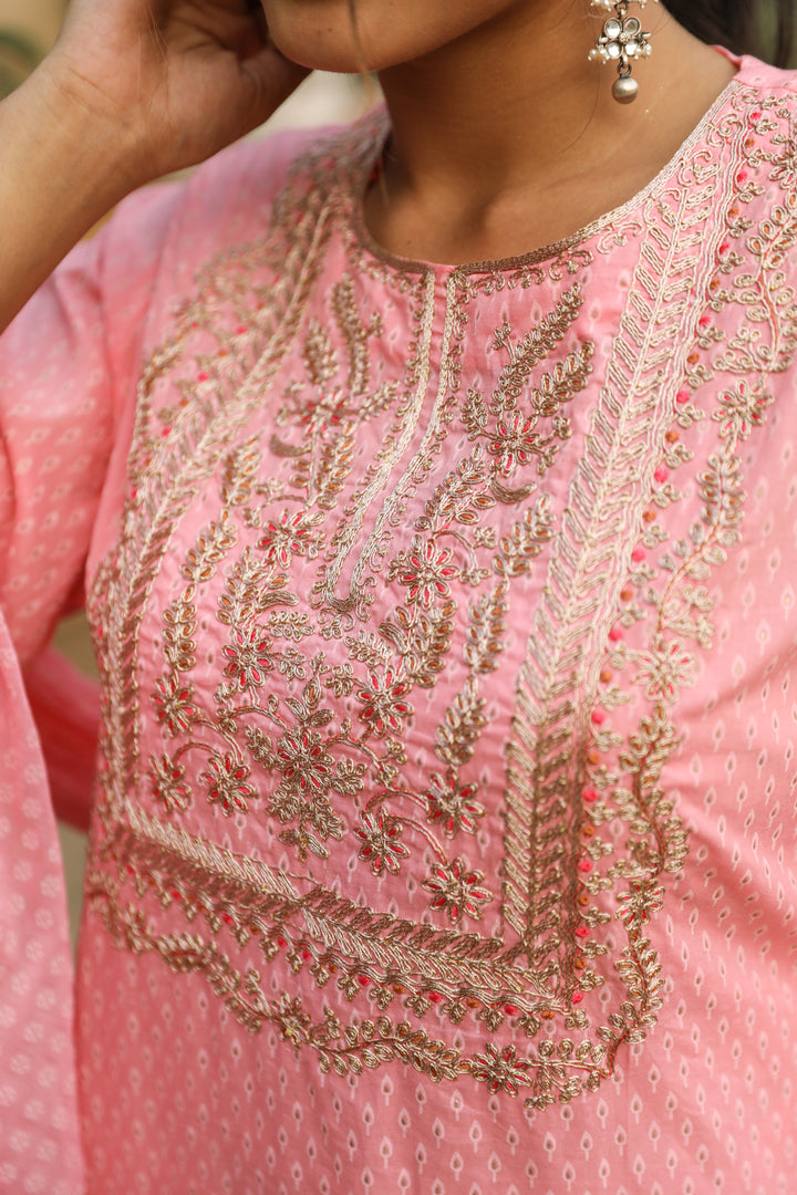 Women Pink Cotton Straight  Kurta Trouser & Dupatta Set