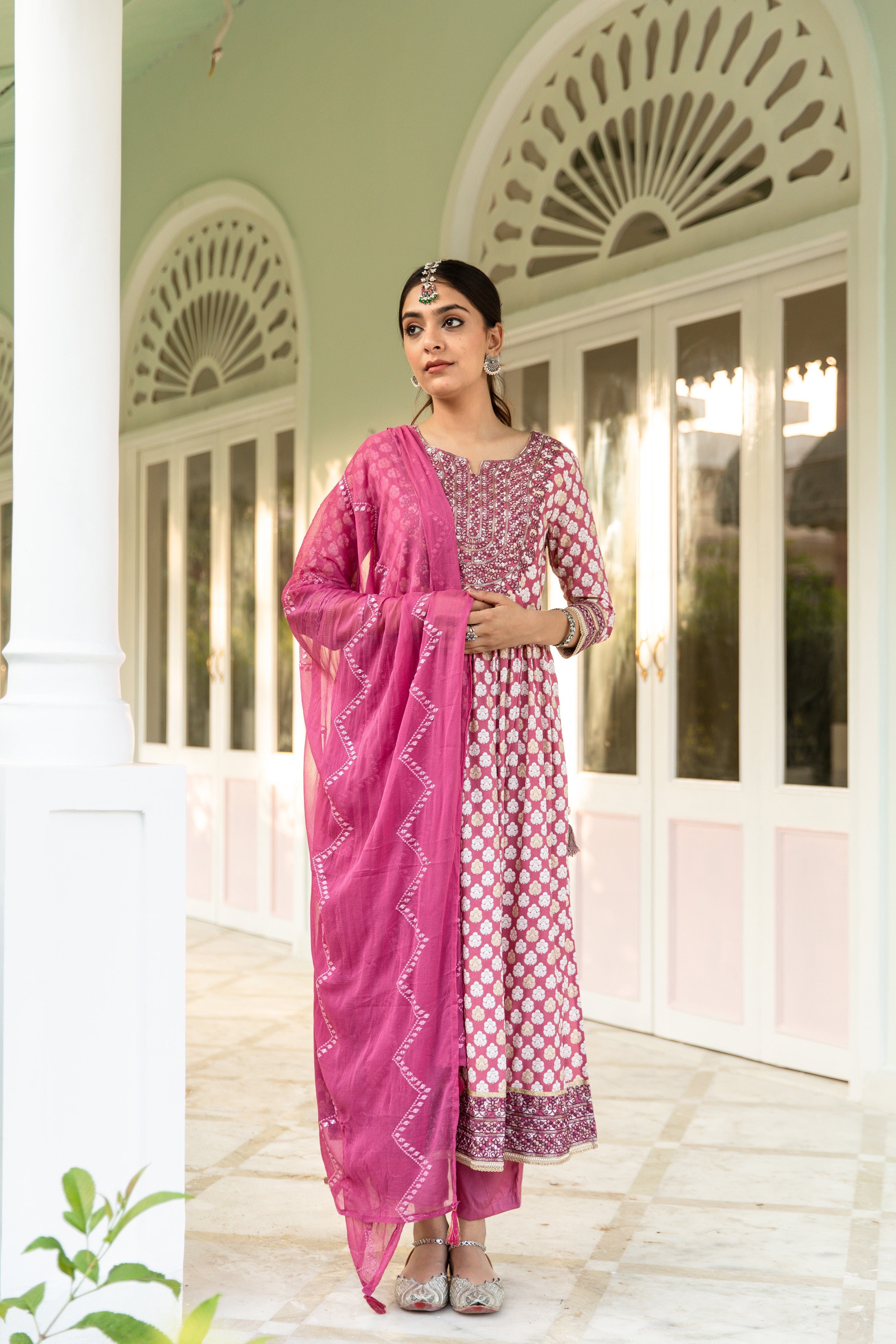 Party Wear Kurta Set Pink  Silver Yoke Design Kurta With Trouser And  Dupatta Pakistani Salwar