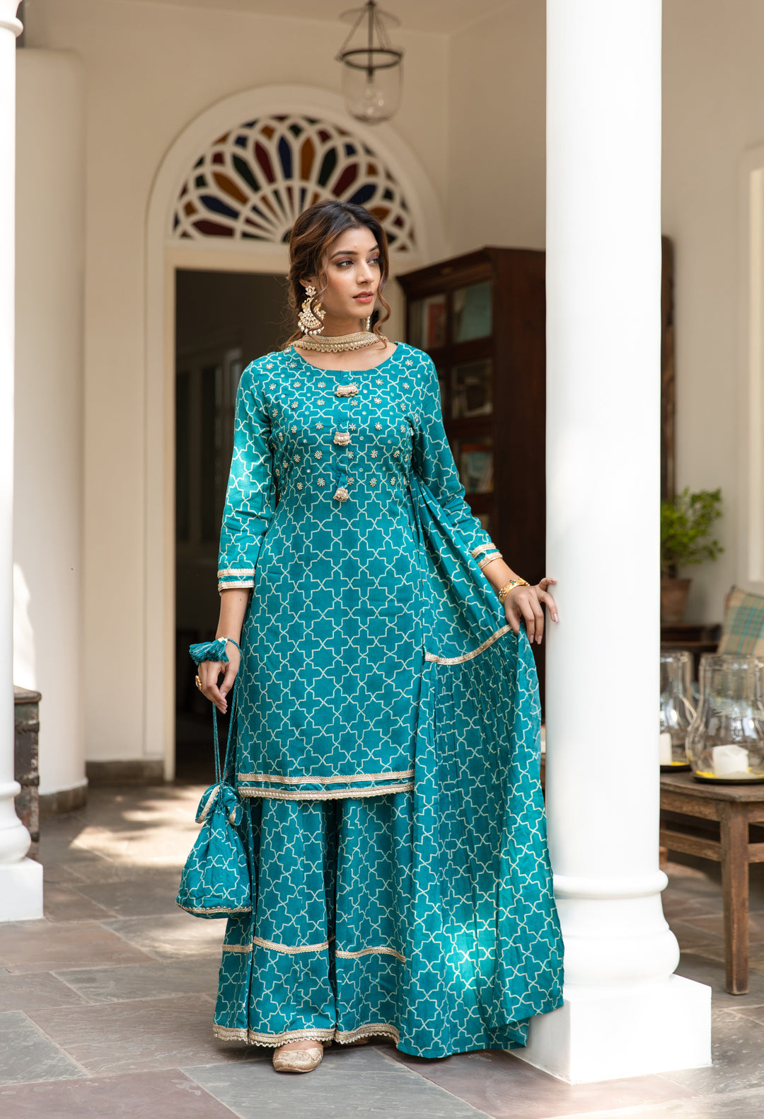 Women Green Rayon Straight  Kurta Sharara Dupatta & Fancy Potli Set