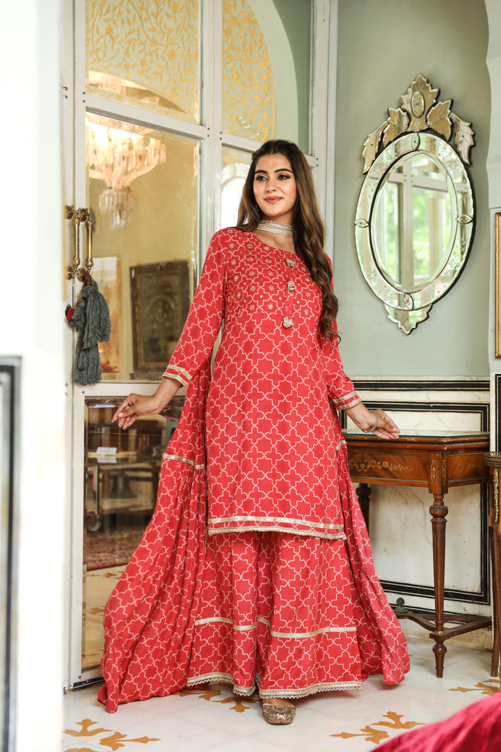 Women Red Rayon Straight  Kurta Sharara Dupatta & Fancy Potli Set