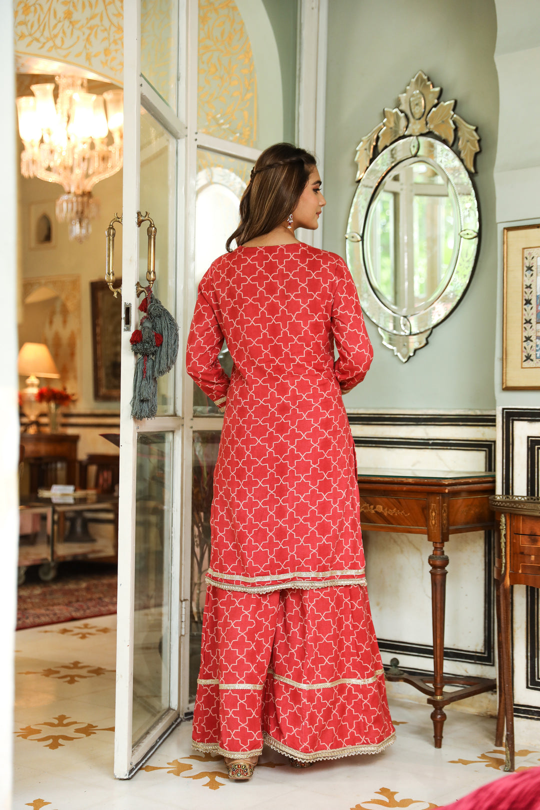 Women Red Rayon Straight  Kurta Sharara Dupatta & Fancy Potli Set