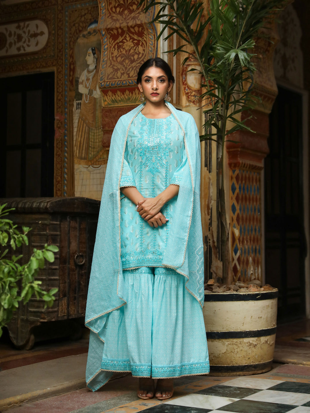 Women Blue Cotton Straight  Kurta Sharara Dupatta & Fancy Potli Set