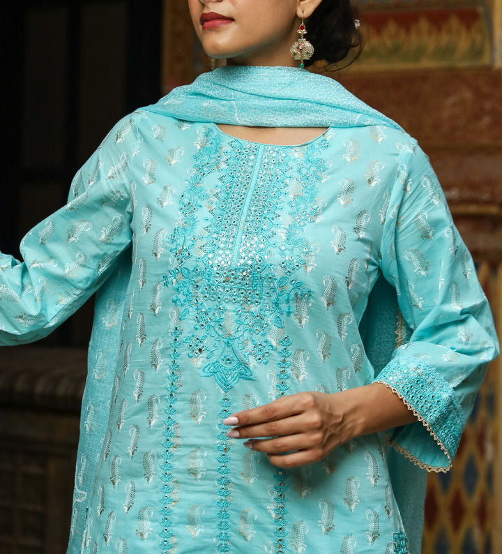 Women Blue Cotton Straight  Kurta Sharara Dupatta & Fancy Potli Set