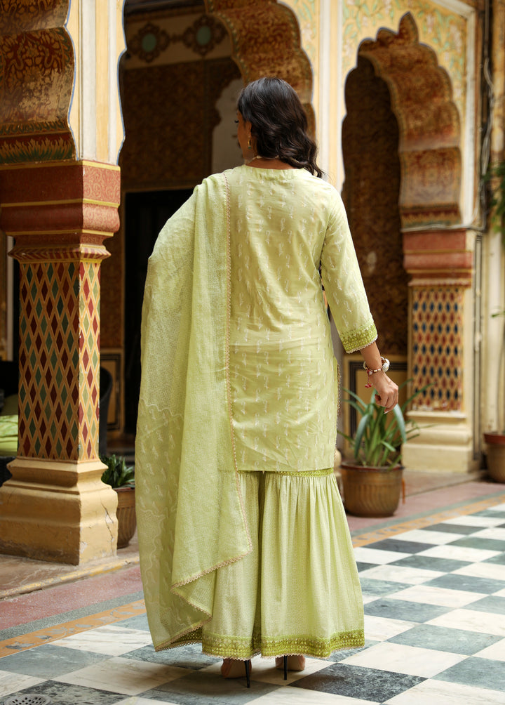 Women Pista Green Cotton Straight  Kurta Sharara Dupatta & Fancy Potli Set