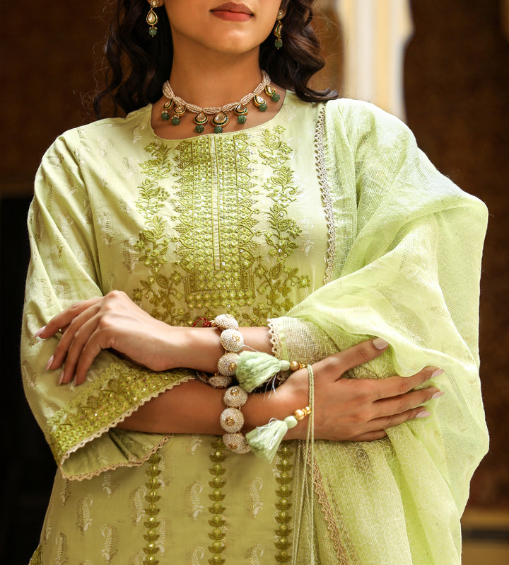 Women Pista Green Cotton Straight  Kurta Sharara Dupatta & Fancy Potli Set
