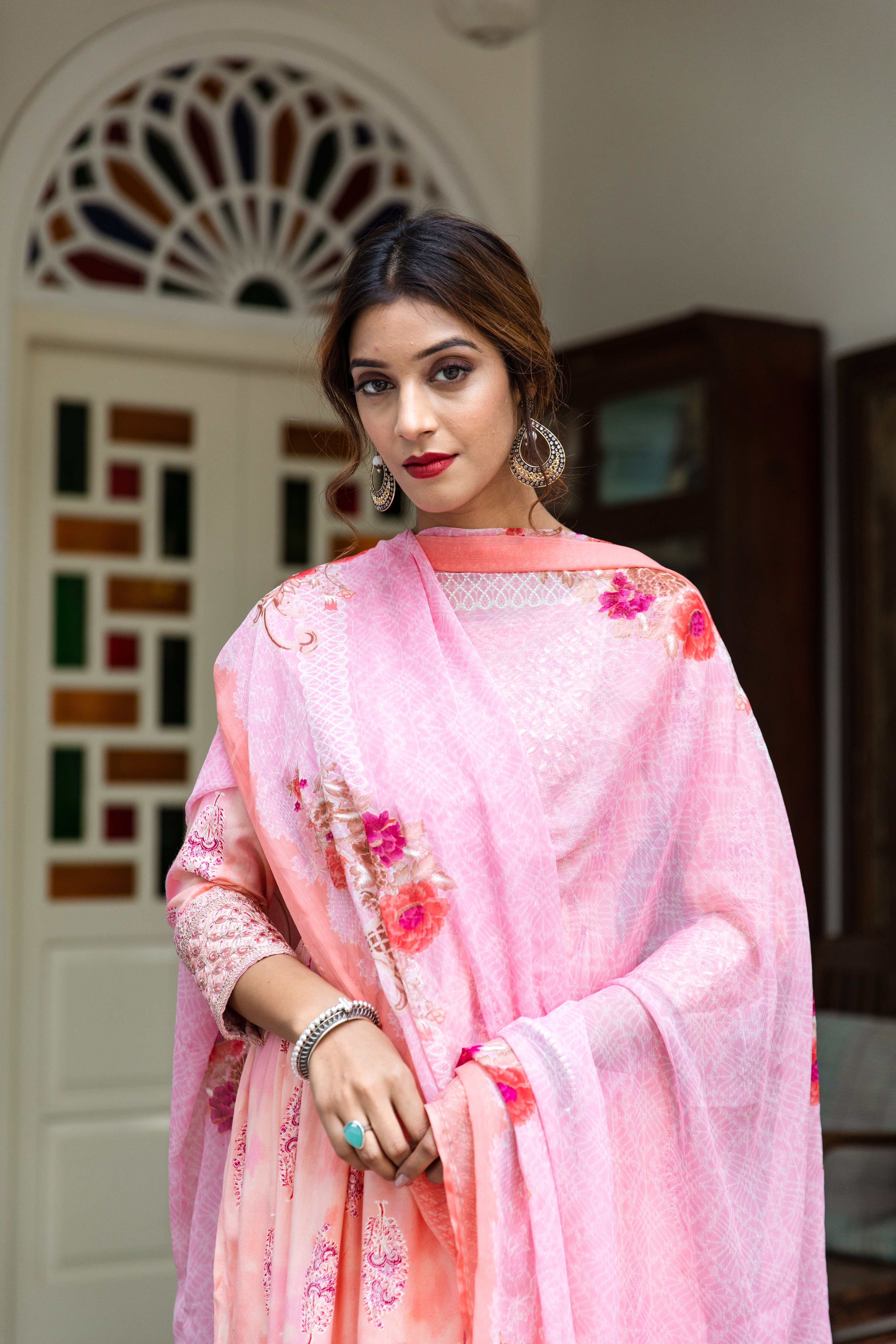 Magenta Floral Zari Embroidery Kurta Trouser Set With Art Silk Dupatta   Varanga
