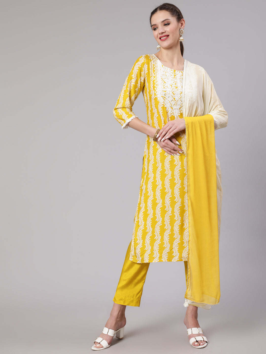 Women Yellow Silk Straight  Kurta Trouser & Dupatta Set