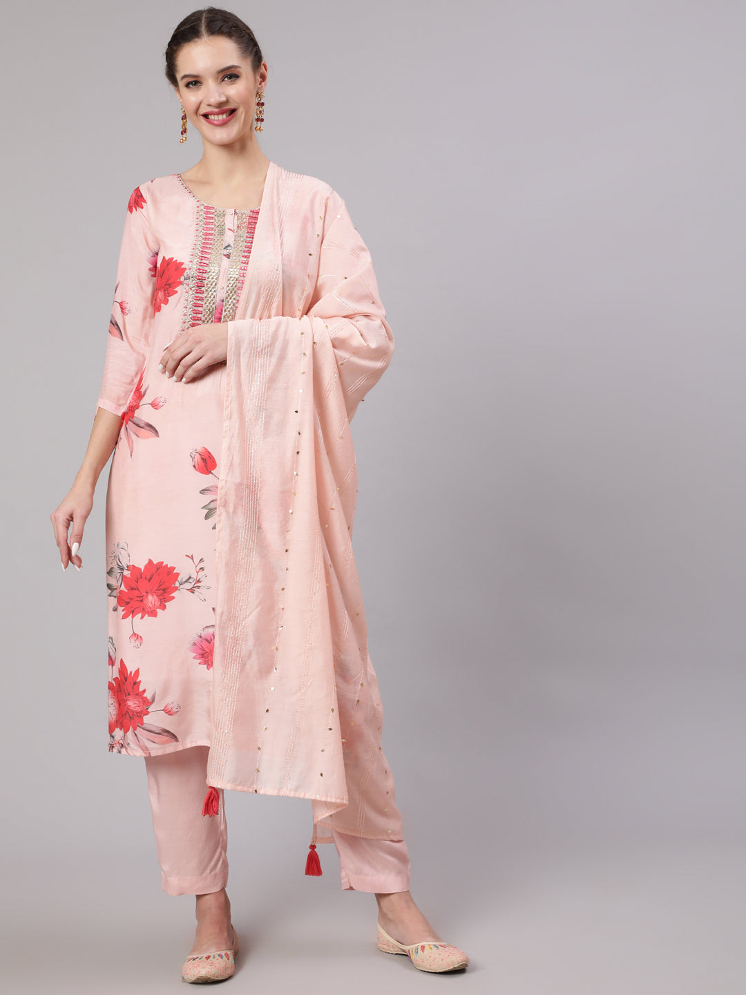 Women Pink Silk Straight  Kurta Trouser & Dupatta Set