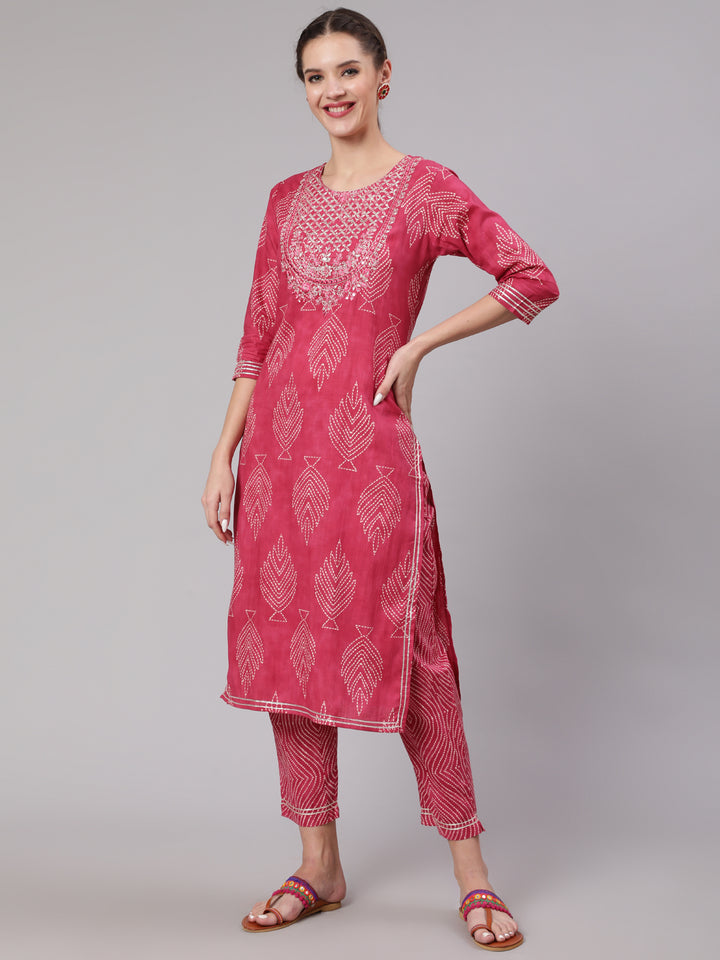 Women Pink Cotton A-line Kurta Trouser & Dupatta Set