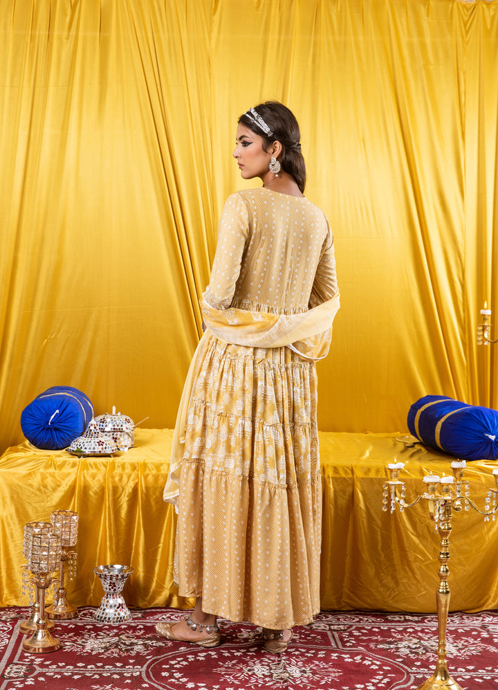 Lehza Women's Mustard Color Rayon Tiered Kurta With Dupatta Set