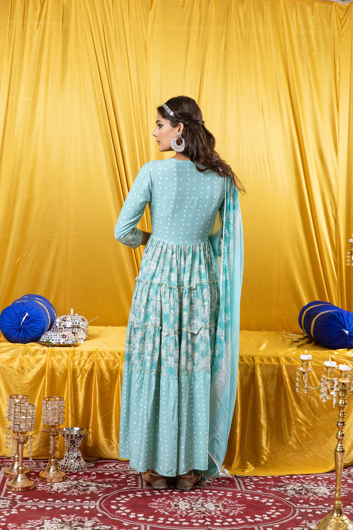 Nilambar Women's Turquoise Color Rayon Tiered Kurta With Dupatta Set