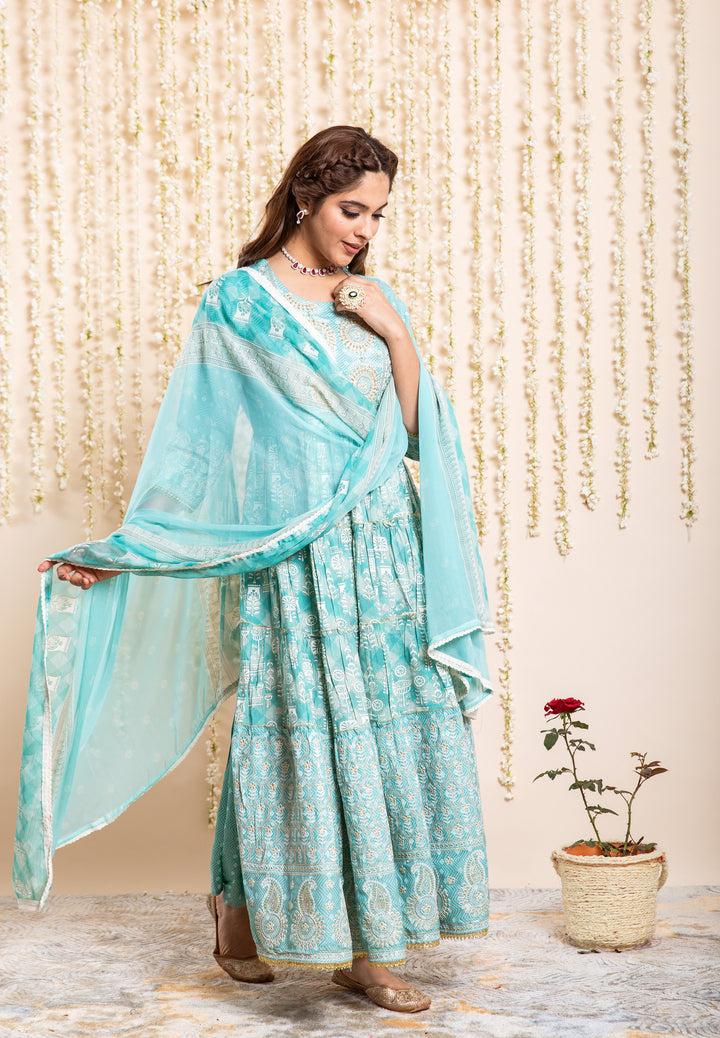 Nilambar Women's Turquoise Color Rayon Tiered Kurta With Dupatta Set